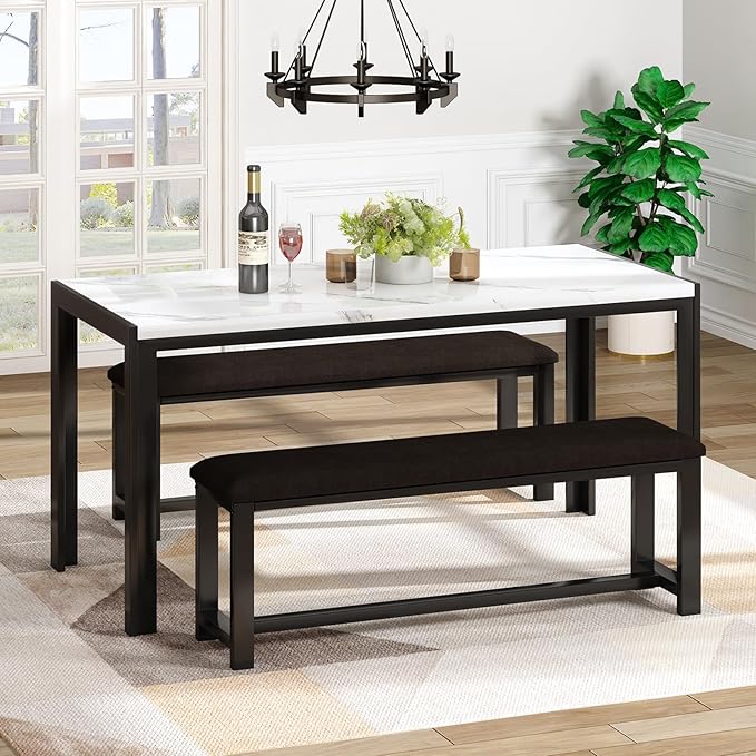 DKLGG Dining Table Set for 4, Kitchen Table with 2 PU Leather Upholstered Bench, Faux Marble Dining Room Table with Bench for Small Space