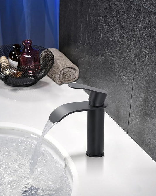 WOWOW Waterfall Bathroom Faucet Matte Black: Bathroom Sink Faucet for 1 Hole or 3 Holes, Single Handle Vanity Faucet with Pop up Drain, Stainless Steel Basin Sink Tap for RV Lavatory