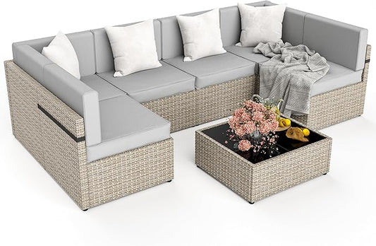 Pamapic 7 Piece Outdoor Sectional Furniture Set, All-Weather Wicker Patio Furniture with Washable Cushions, Waterproof Gray Rattan Conversation Sofa Set for Backyard, Poolside, Garden