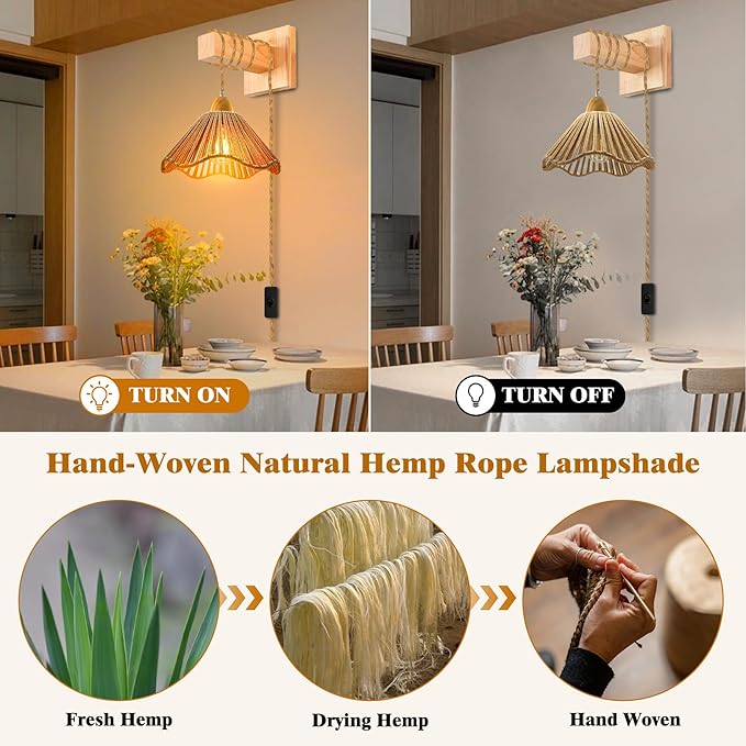 Farmhouse Hanging Lights with Plug in Cord, 16.7FT Rustic Hemp Rope Pendant Light Cord, 23x10 cm Hemp Rope Woven Lampshade Pendant Light Fixtures, E26 E27 Bulb Socket Boho Hanging Lamp, for Bedroom