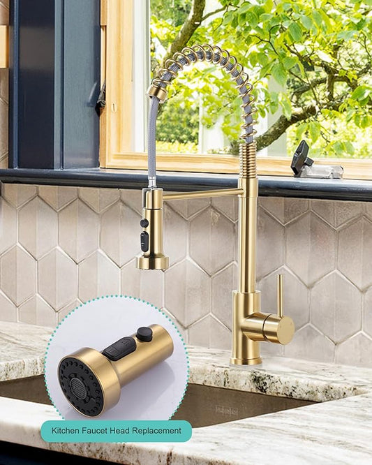 Pull Down Faucet Head Replacement: 3-Function Kitchen Faucet Head with 9 Adapters - Brushed Gold Kitchen Sink Spray Replacement Compatible with Moen, Delta, American Standard Faucets