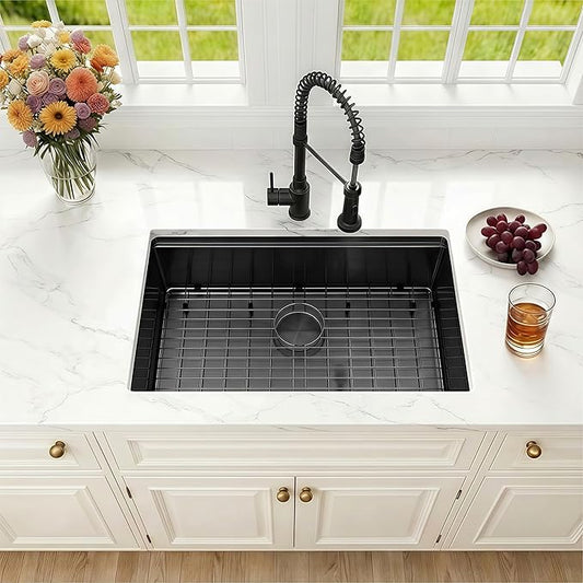 27 Inch Black Undermount Kitchen Sink,16 Gauge Stainless Steel Kitchen Sink Single Bowl, 27"x19"x9" Undermount Sink Ledge Workstation Sinks With All Accessories, Multi-Functional Sinks