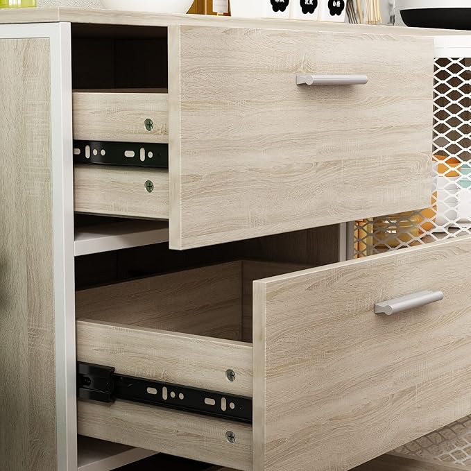 ECACAD Modern Wood Sideboard Buffet Storage Cabinet with Hutch, 3 Metal Mesh Doors, 3 Drawers & 5 Compartments, Kitchen Pantry Cupboard Console Table for Living Room, Dining Room, Light Oak