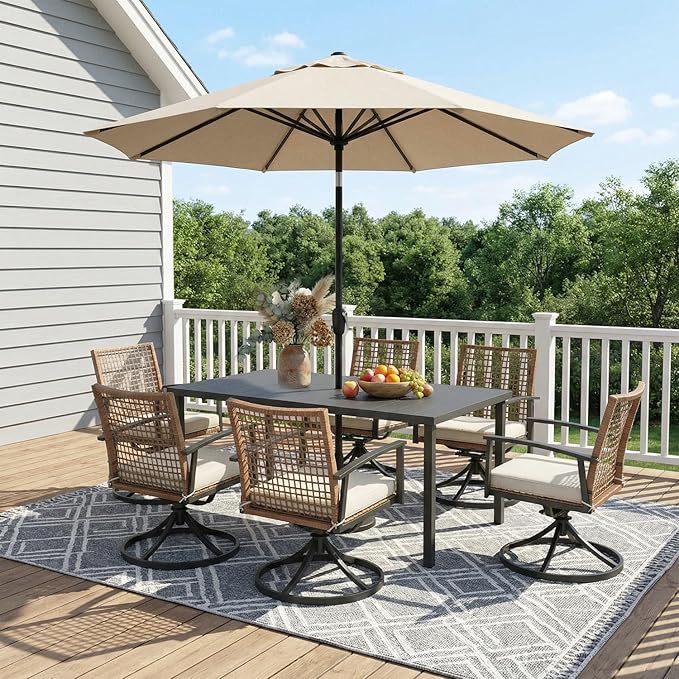LAUSAINT HOME 7 Pieces Patio Dining Set, Outdoor Furniture Set of 6 Swivel Chairs with Soft Cushion and Iron Slats Table Top with Umbrella Hole, Conversation Set for Backyard