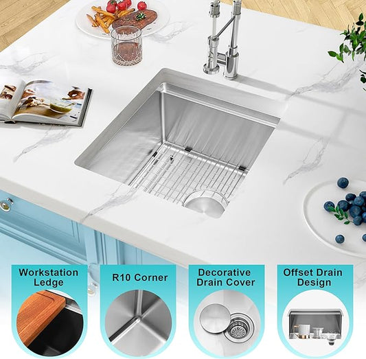 Bar Sink Undermount 16 X 18 inch,16 Gauge Stainless Steel Bar Sink Offset Drain Design,Outdoor Small RV Sinks,Wet Bar Prep Sink with Workstatin (16" X 18")
