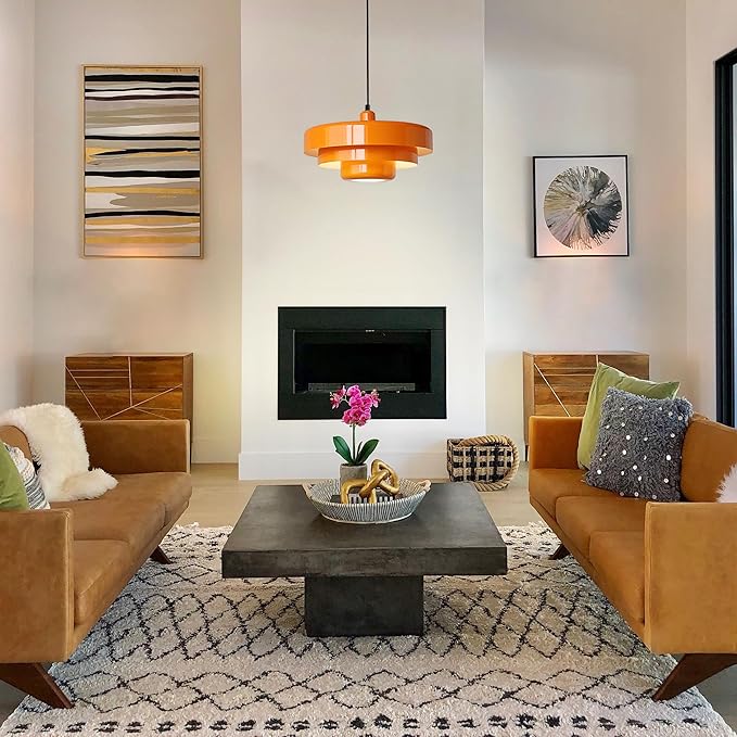 Mid Century Pendant Light Fixtures Orange Ceiling Pendant Lighting 3-Layer Metal Shade Design Vintage Hanging Light Flush Mount Light for Kitchen Island Dining Table Hallway (Orange)