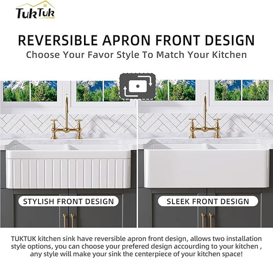 TUKTUK Farmhouse Sink 33 x 18 Inch 50/50 Fireclay Apron Front Farm House White Kitchen Sink Double Bowl Undermount Reversible Heavy Duty Porcelain Kitchen Basin with Modern Accessory Kit