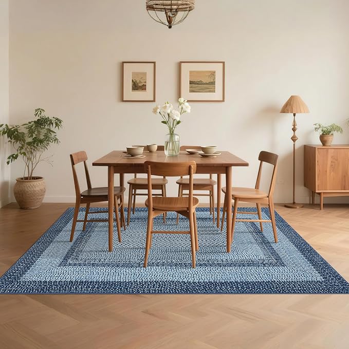 Printed Washable Area Rugs 10x13 Rug Modern Rugs for Bedroom Blue Rug Imitation Braided Soft Large Area Rug Non Slip Throw Rugs Stain Resistant Carpet for Nursery Dining Room 10'x13' Navy Blue
