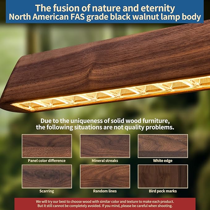 45" Wood Linear Pendant Light, Dimmable Kitchen Island Lighting with Remote, 30W LED Island Lights for Kitchen, Adjustable Linear Chandelier for Dinning Room Light Fixture, Bar, Pool Table - Walnut