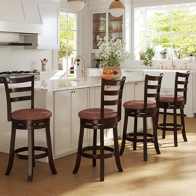 Giantex Swivel Bar Stools Set of 2, 26" Upholstered Counter Height Bar Chairs w/High Backrest, Faux Leather Seat, Solid Rubber Frame & Wrap-Around Footrest, Wooden Barstools for Kitchen Island, Pub