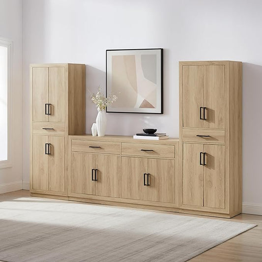 Crosley Furniture Isla 3-Piece Modern Sideboard Buffet Cabinet and Kitchen Storage Pantry Set, Ash