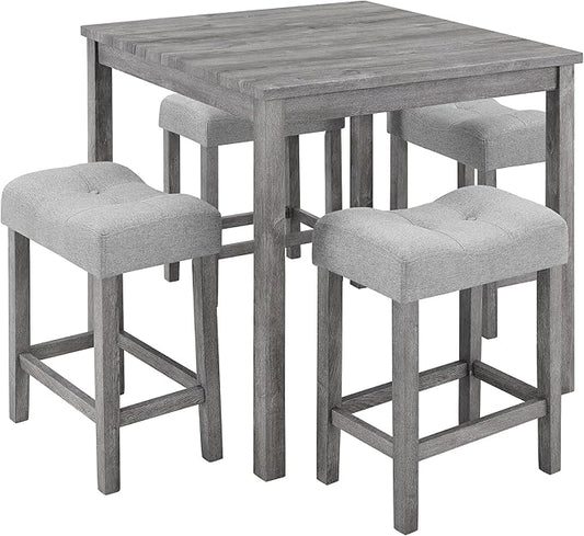LKTART Dining Bar Table and Chairs Set 5 Piece Bar Table Set, Industrial Breakfast Table with 4 Padded Stools for Kitchen Dining Room Living Room (Gray)
