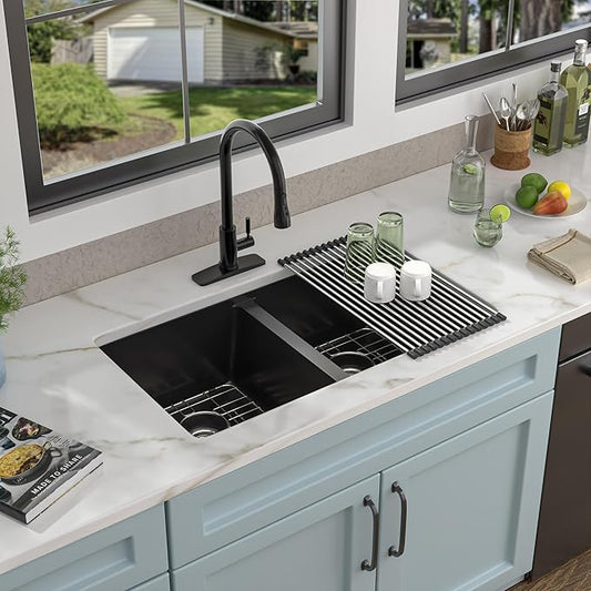 33 Granite Composite Kitchen Sink Double Bowl - Fulorni 33"×19" Granite Kitchen Sink Black Undermount Double Bowl 50/50 Matte Black Quartz Classic Composite Under Counter Sink Basin