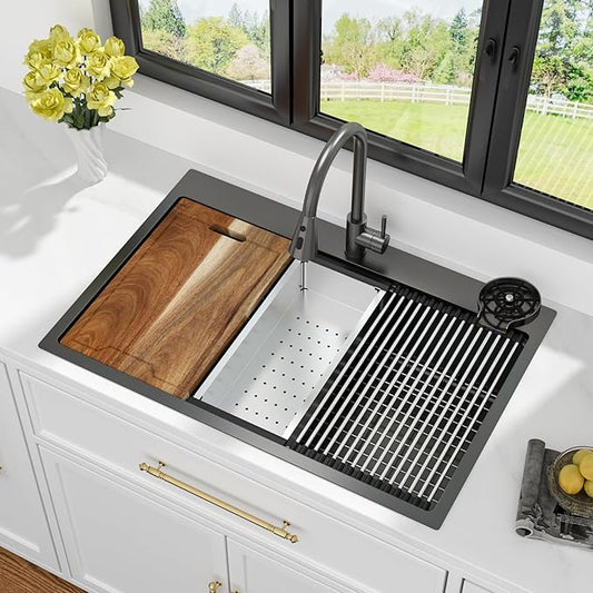 33 Black Drop In Kitchen Sink - Kichae 33 x 22 Drop In Kitchen Sink Workstation Gunmetal Black Nano Coating 304 Stainless Steel 16 Gauge with Glass Rinser & Cutting Board