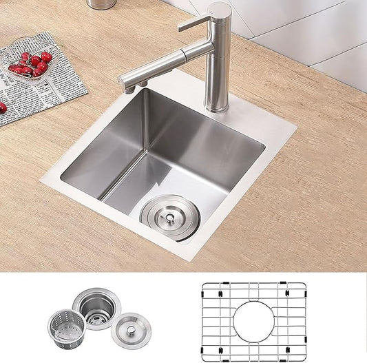 VCCUCINE Bar Sink Drop in,13x15 Inch Topmount RV Small Kitchen Sink,Handmade Stainless Steel Wet Bar Sink,Outdoor Single Bowl,Brushed Nickel Prep Sink with Accessories