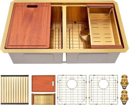 31 Inch Gold Sink Undermount Double Bowl, 16 Gauge 50/50 Double Bowl Stainless Steel Workstation Sink, 31"x18"x9" Large and Deep Kitchen Sink With Accessories
