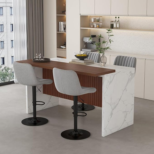 63" Kitchen Island Set with 4 Gray Bar Stools White Marble Look, LED Lighting Grill for Dining Room, Open Concept Spaces, Lounge(4 Gray Bar Stools)