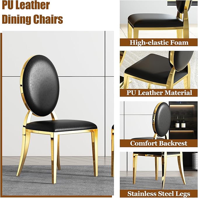 7-Piece Modern Luxury Dining Table Set, 70" Black Tempered Glass Kitchen Table with Gold Polished Stainless Steel U-Shaped Pedestal Base and 6 Black PU Leather Chairs, for Dining Room and Kitchen