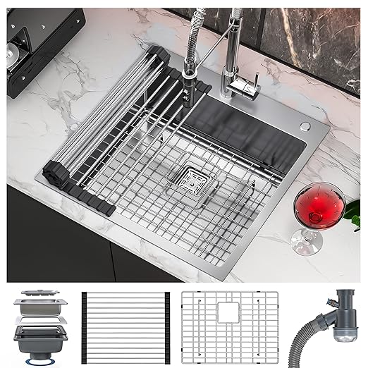 YITAHOME Drop In Kitchen RV Sink 25 in Top mount 304 Stainless Steel Single Bowl Sink with Accessories for Workstation, Bar Sinks 25 x 22 x 10 Inch
