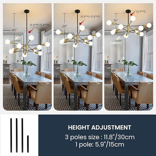 Sputnik Chandeliers Modern Black and Gold Chandeliers 10-Light Mid Century Farmhouse Chandelier Ceiling Light Fixture Height Adustable Pendant Light for Kitchen Island Living Room Dining Room