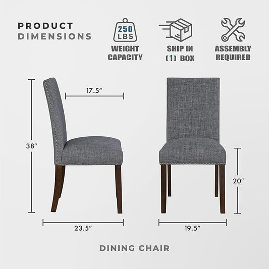 Lexicon Upholstered Dining Chairs Set of 2 - Soft Durable Fabric Armless High Back Kitchen Modern Dining Room Chairs for 2, Nailhead Trim Side, Brushed Brown Sturdy Wooden Frame, Easy Assembly, Gray