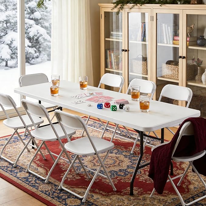 6ft Folding Table, Heavy Duty Plastic Card Table with Foldable Steel Legs, Metal Frame Support up to 600 lb, Portable for Indoor, Outdoor, Picnic, Camping, Dining, Party, White