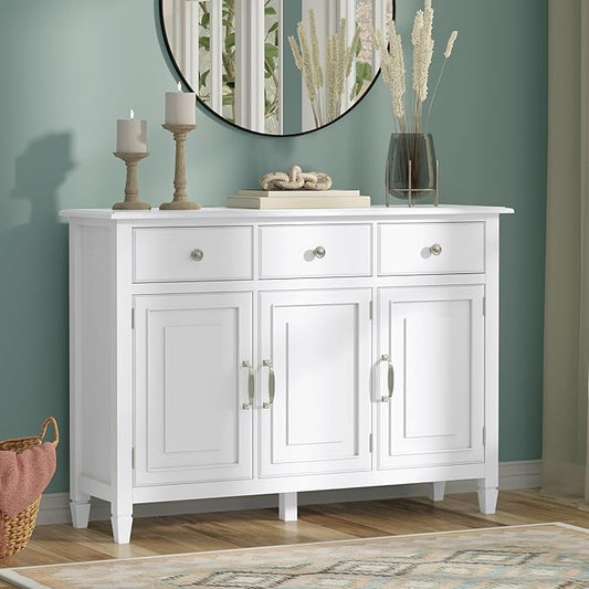 SIMPLIHOME Connaught 51-inch Wide Solid Wood Storage Cabinet in White for the Entryway, Mudroom, 3 Drawers and Adjustable Shelves, Traditional Style, Space-Saving Design