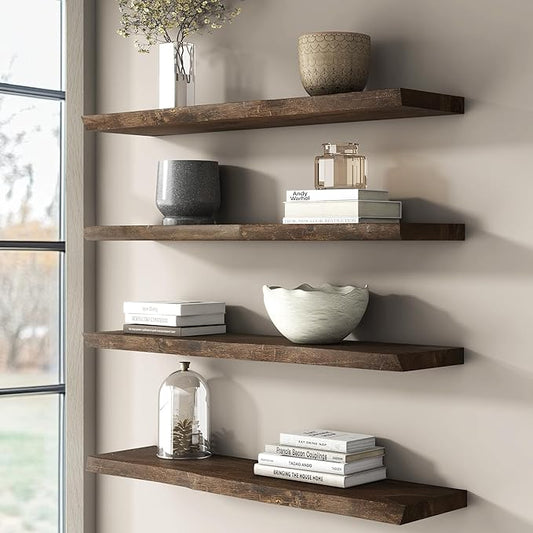 Reclaimed Elm Wood Floating Shelves for Wall, Live Edge 24"W x 9.2"D x 1.4"H, Set of 2 with Invisible Bracket, Wall Mounted Shelves for Living Room Bedroom Kitchen Bathroom Decor, Walnut Finish