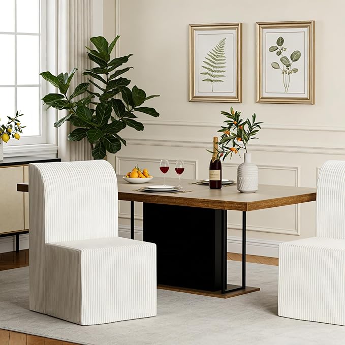 Corduroy Upholstered Armless Dining Chair, Modern Comfortable Dining Room Chair Side Leisure Chairs with Mid Back for Dining Room Kitchen Bedroom Reading Room, No Assemble, Beige
