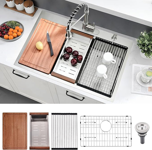33 x 22 Drop In Kitchen Sink Workstation - 16 Gauge Stainless Steel Sinks Handmade 10 Inch Deep Single Bowl Kitchen Sink Top Mount Easy to Clean