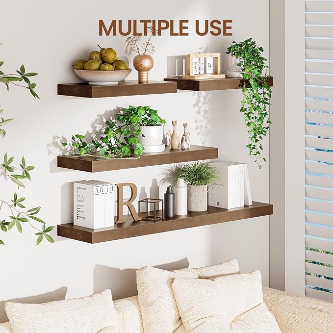 Heimlove Solid Wood Floating Shelves 36 inch, 8 Inch Deep Display Shelves Set of 2, Wall Mounted Floating Shelf with Invisible Brackets for Bathroom Bedroom Kitchen Living Room - American Walnut