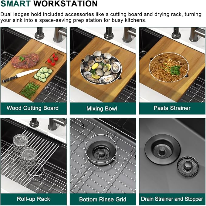 36 Inch Undermount Kitchen Sink, 16 Gauge Black Stainless Steel Single Bowl Sink, Workstation Kitchen Sinks with Cutting Board, Bottom Grid, Drying Rack, Mixing Bowl & Strainer #TLU-0042