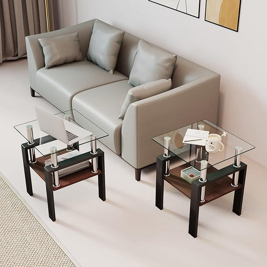 Set of 2 Glass End Table, 2-Layer Glass Living Room Table, Modern Tea Table Side Tables for Home Office Furniture