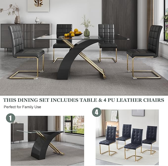 5-Piece Glass Dining Table Set, 63" White Kitchen Table with X-Shape MDF Base, Dining Room Set for 4 with 4 Leather Upholstered Chair for Kitchen, Dining Room (Black,Gold)