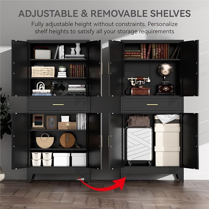 71" Tall Farmhouse Pantry Cabinet,Metal Cabinet with Doors and Shelves,Storage Cabinet for Kitchen Garage,Black 1 Pack