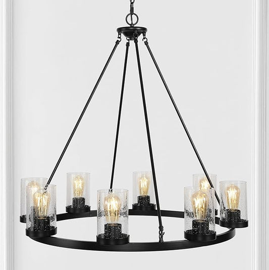 JONATHAN Y 33.5" Oil Rubbed Bronze 8-Light Rustic Farmhouse LED Chandelier, Round Metal Wagon Wheel Pendant Lighting for Dining Room Kitchen with Seeded Glass Shade (JYL7554A)