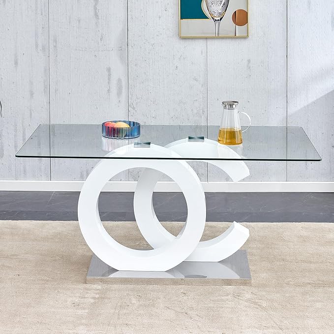 Ebullient 63" Glass Dining Table, Modern Rectangular Glass Kitchen Table, Tempered Glass Top with White OC Design Base Dining Room Table for 4-6,Kitchen