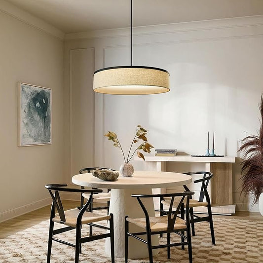 19.6 Inch Integrated LED Drum Chandeliers, 2800K Modern Fabric Pendant Light Fixture, Natural Linen and Black Finish, Large Semi Flush Mount Lighting for Dining Room Bedroom Kitchen Entryway
