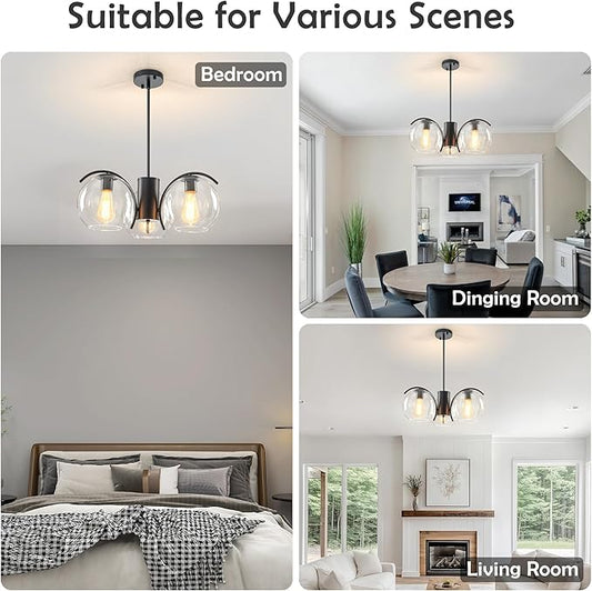 3-Light Black Chandelier with Downward Arched Arms, Modern Farmhouse Pendant Light Fixture with Clear Glass Globe Shades, Ceiling Lighting for Dining Room, Bedroom and Foyer