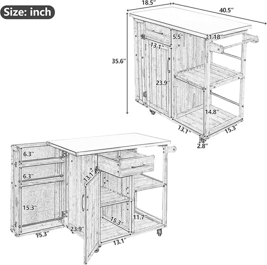 MERITLINE Outdoor Kitchen Island with Stainless Steel Top, Lockable Wheels & Towel Rack, Mobile BBQ Prep Cart with Hidden Cabinet, Drawer, Shelves for Patio, Garden, Backyard, White