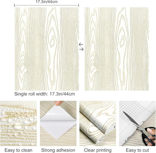 Yun-aeon Beige and Gold Wood Contact Paper 17.3"x120" Rustic Wooden Peel and Stick Wallpaper Removable Self-Adhesive Wallpaper Wood Grain Contact Paper for Countertops Cabinets