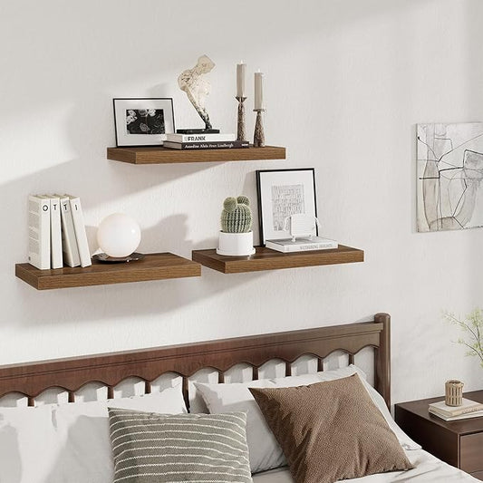 Fun Memories 24 x 12 Inch Deep Floating Shelves, 12 Inch Deep Rustic Wooden Book Shelf, Extra Deeper & Thicker Hanging Shelves for Living Room, Bathroom, Bedroom, Kitchen, Office, Set of 3(Walnut)