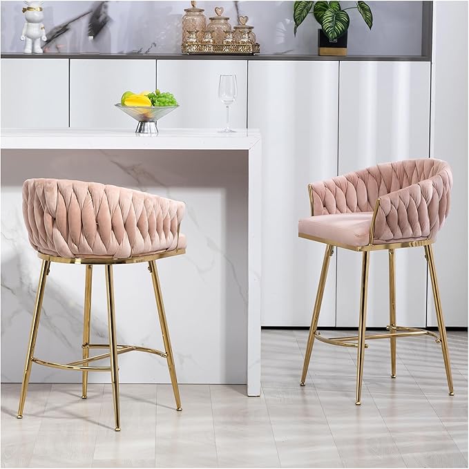 26'' Counter Height bar stools Set of 2 Kitchen Island Counter bar Stool with Hand- Wave Back, Golden Chromed Base and footrest,for Living Room