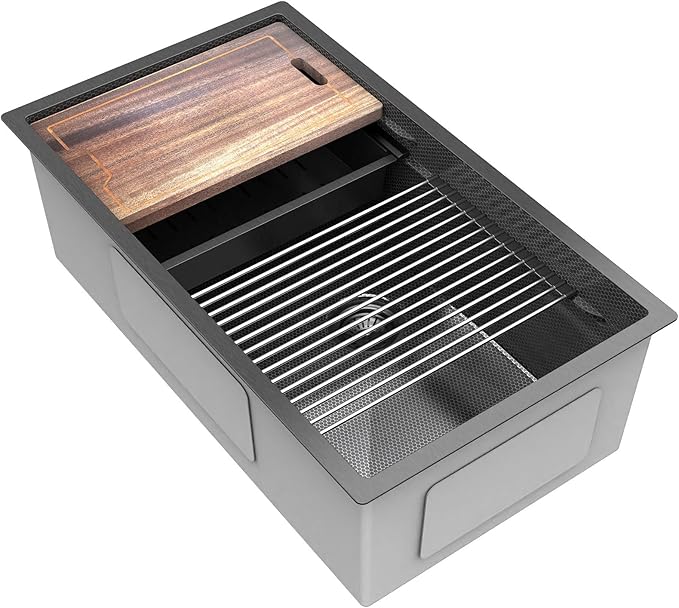 33inch Undermount Kitchen Sink Metal Black - Feibus 33x19x10 with Double Step Workstation 16 Gauge Honeycomb Embossment Stainless Steel Single Bowl