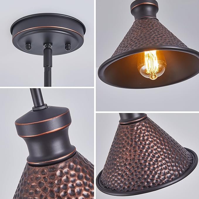 Tarentlight Pendant Light (2 Packs), Kitchen Lights Ceiling Hanging,Oil-Rubbed Bronze Finish, Farmhouse Lighting for Kitchen Island Room,Vintage Hammered Textured Aluminum Shade, Height Adjustable