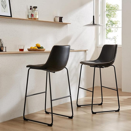 DUMOS Counter Height Bar Stools Set of 2, 30 inch Height Stool Faux Leather Barstools with Back, Armless Kitchen Island Countertop Comfortable Modern Chairs with Metal Legs - Classic Black