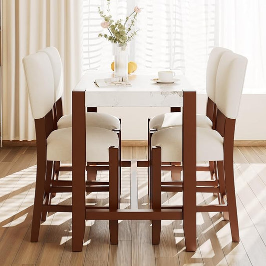 Merax 5-Piece Counter Height Dining Set with 1 Faux Marble Top Bar Table and 4 Upholstered Chairs, Mid-Century Modern Kitchen Table Set for Dining Room, Pub Kitchen