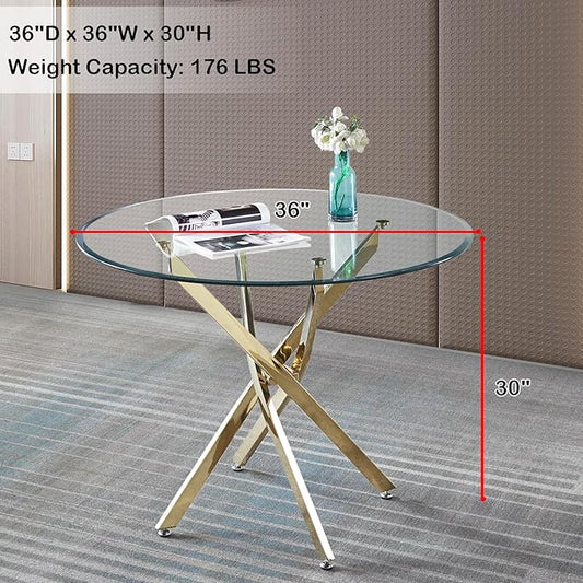 Modern Glass Dining Table Round Dining Room Table with Tempered Glass Top, Gold Stainless Steel Base Home Office Kitchen Dining Room Table Furniture, 36" D x 36" W x 30" H