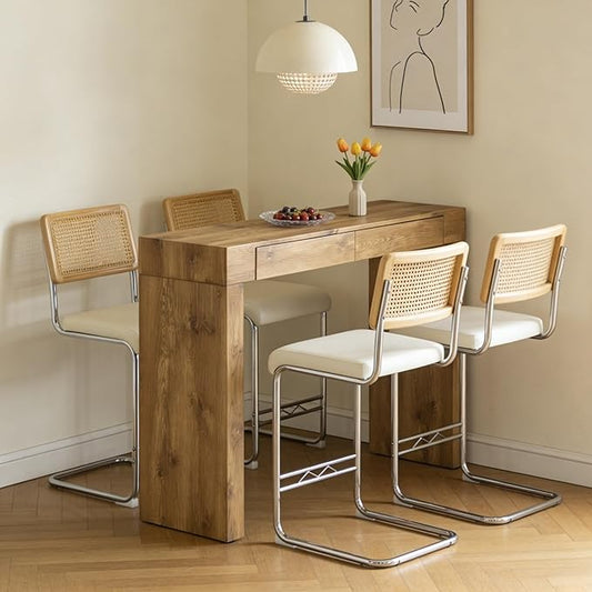 Counter Height Dining Set with Rattan Back Stools,Bar Table with 2 Drawers,Upholstered Kitchen Island Chairs,Chrome Cantilever Frame,Modern Furniture for Dining Room (Wood Table,4 White Chairs)