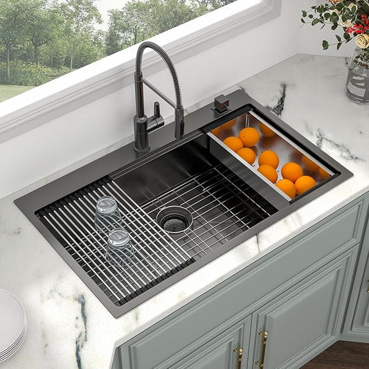 Kichae 36 Black Kitchen Sink Drop In - 36x22 Drop Sink Gunmetal Black Stainless Steel 16G Single Bowl Kitchen Sinks Workstation Handmade Topmount Basin